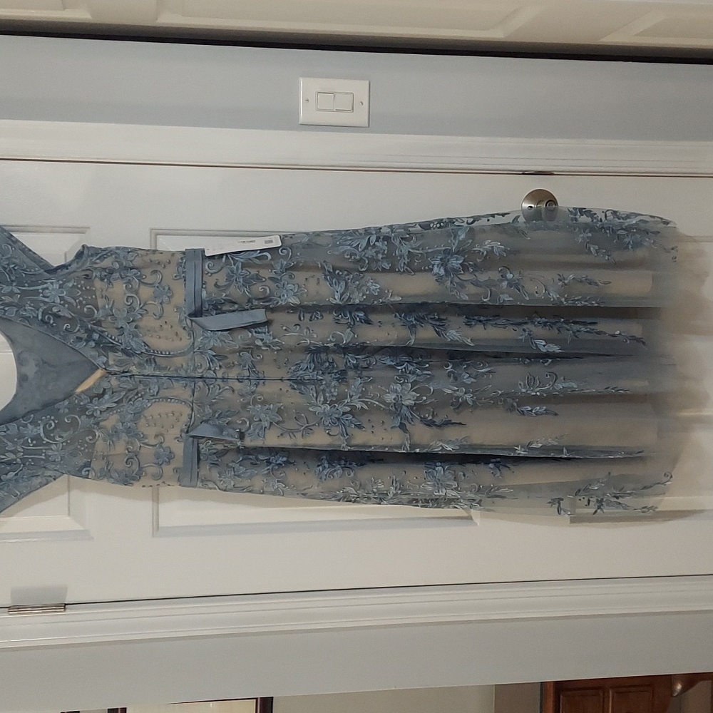 Azazie Blue A-Line Flutter Sleeve Midi Dress - Picture 3 of 5